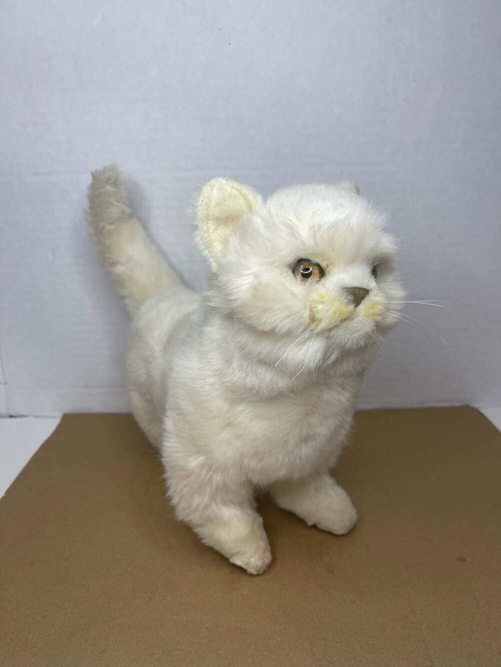 Vintage Realistic White Persian Cat Plush Figurine with Glass Eyes